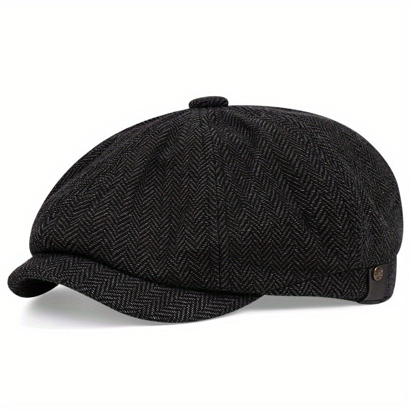 Men&Apos;S Retro Herringbone Flat Cap - Black Casual Beret with Vintage Style, Knitted Polyester, Perfect for Valentine&Apos;S Day, Everyday Headwear | Vintage Flat Cap | Knitted Texture