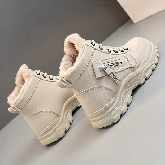 [Warm Fleece-Lined Winter Boots] Warm Fleece-Lined Women's Winter High-Top Boots - Thick Rubber Sole, Lace-Up Casual Style, White & Beige, Perfect for Cold Weather Comfort