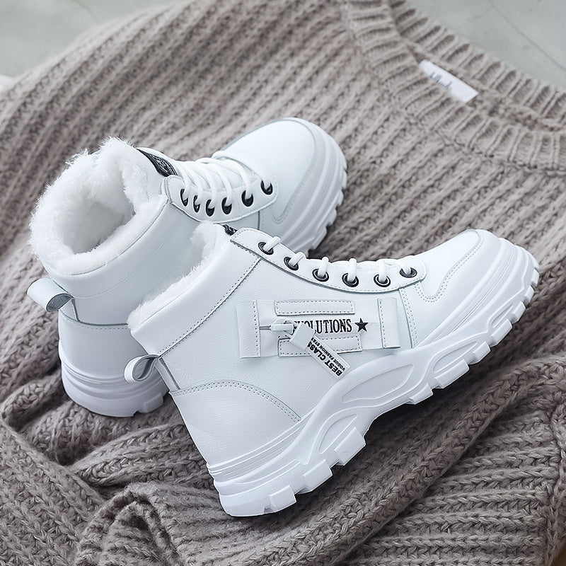 [Warm Fleece-Lined Winter Boots] Warm Fleece-Lined Women's Winter High-Top Boots - Thick Rubber Sole, Lace-Up Casual Style, White & Beige, Perfect for Cold Weather Comfort