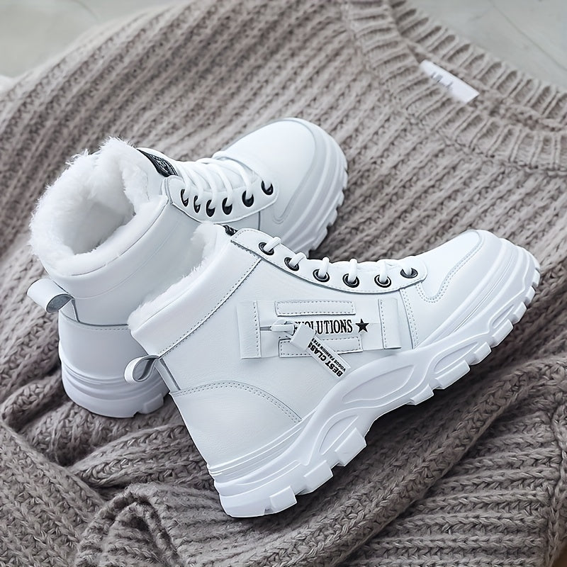 [Warm Fleece-Lined Winter Boots] Warm Fleece-Lined Women's Winter High-Top Boots - Thick Rubber Sole, Lace-Up Casual Style, White & Beige, Perfect for Cold Weather Comfort