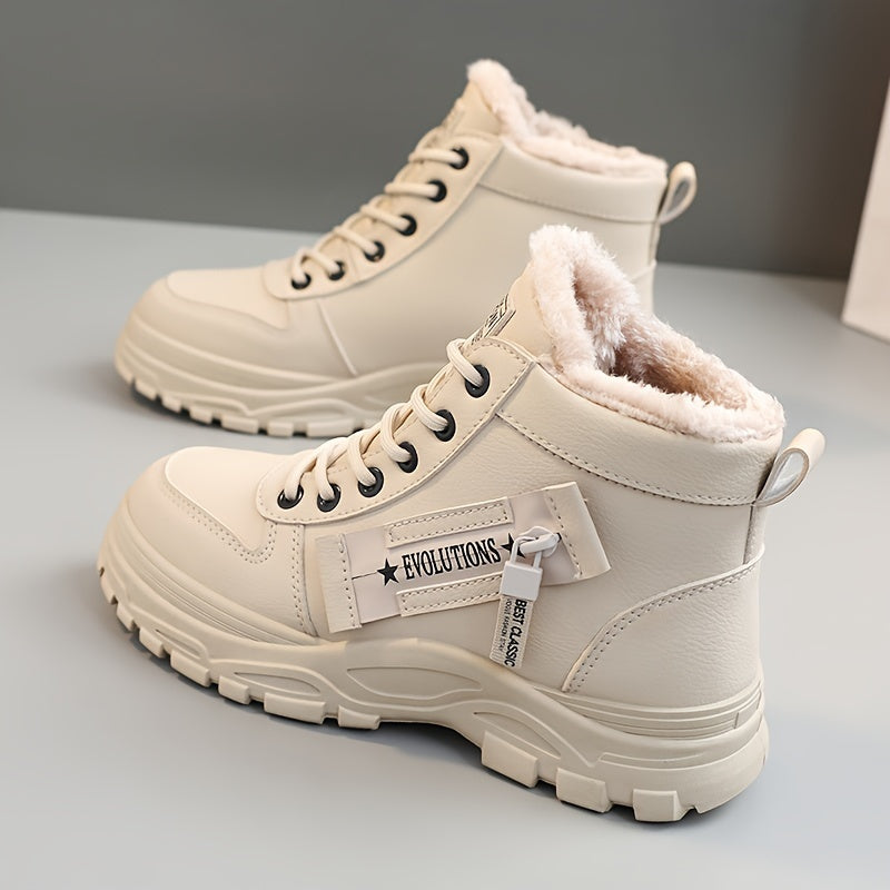 [Warm Fleece-Lined Winter Boots] Warm Fleece-Lined Women's Winter High-Top Boots - Thick Rubber Sole, Lace-Up Casual Style, White & Beige, Perfect for Cold Weather Comfort
