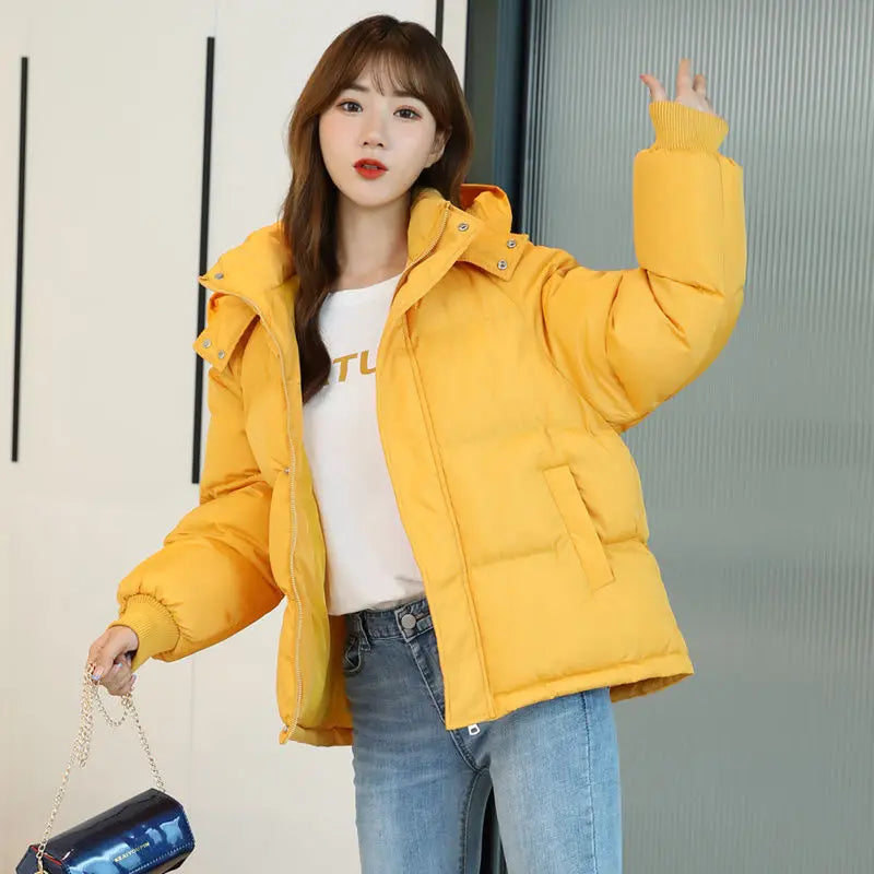 2024 Winter Women Jacket Yellow - Short Hooded Cotton Padded Waterproof Parka Coat