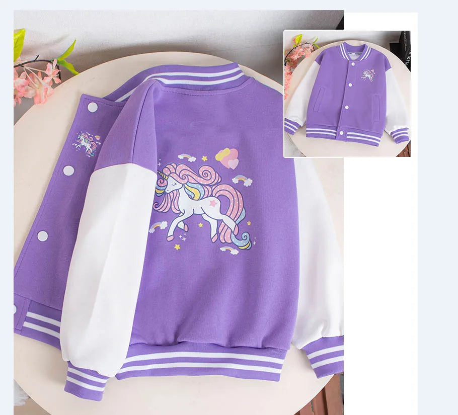 2023 Girls Cartoon Unicorn Jackets For 3-12 Years Teens Clothes For Teenage Girls Sports Outerwear Coat Spring Baseball Jacket