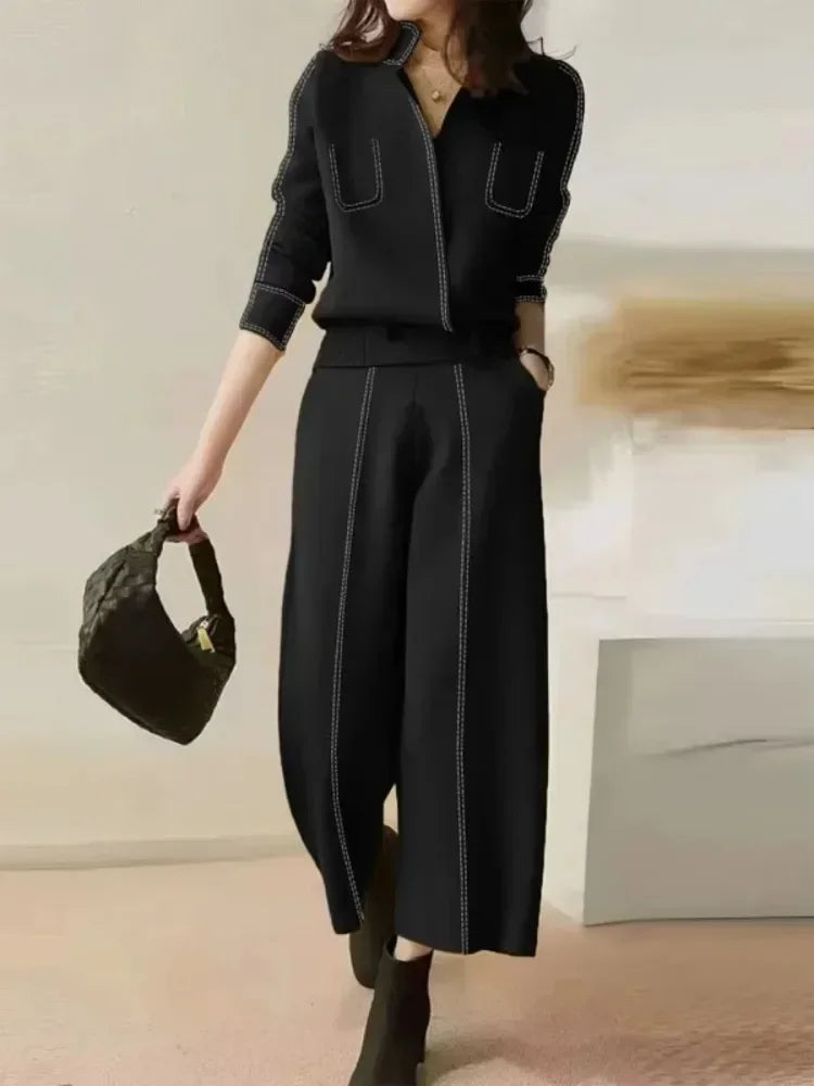 Lemongor Office Lady Commute Suits 2025 New Autumn Long Sleeve Split-Joint V-Neck Cardigan Tops & High Waist Loose Casual Pants