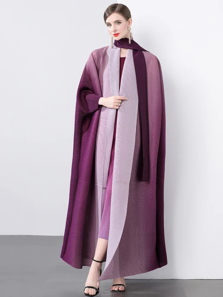 Miyake Folds Bandage V-neck Batwing Sleeve Trench Loose Fashion Slimming Temperament Casual Long Coat 2024 Autumn New Robe