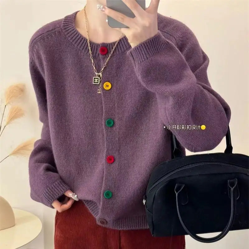 Japanese Sweet and Fresh Round Neck Colorful Button Knitwear Coat Academy Style Western Versatile Sweater Women's Cardigan