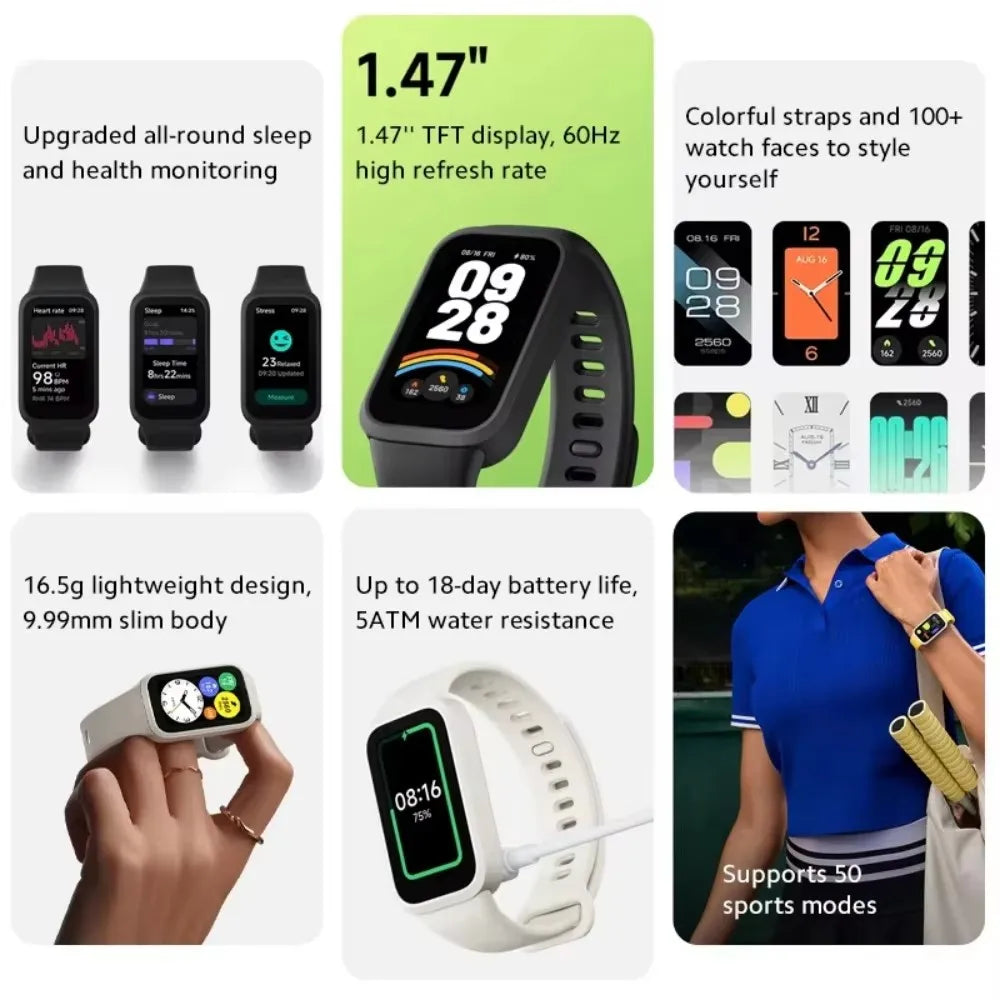 Global Version Xiaomi Smart Band 9 Active Bluetooth Smartwatch 1.47" TFT Screen 18 Days Battery Life Sports Modes Sleep Tracking