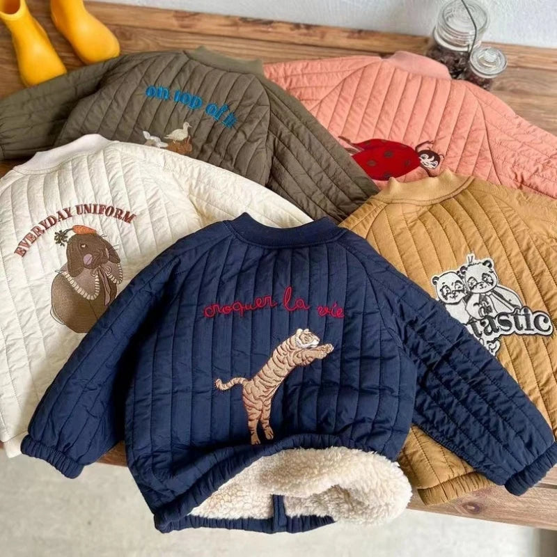 Autumn and winter Korean version cartoon embroidered baseball jacket for boys and girls, thick coat, warm and versatile outfit