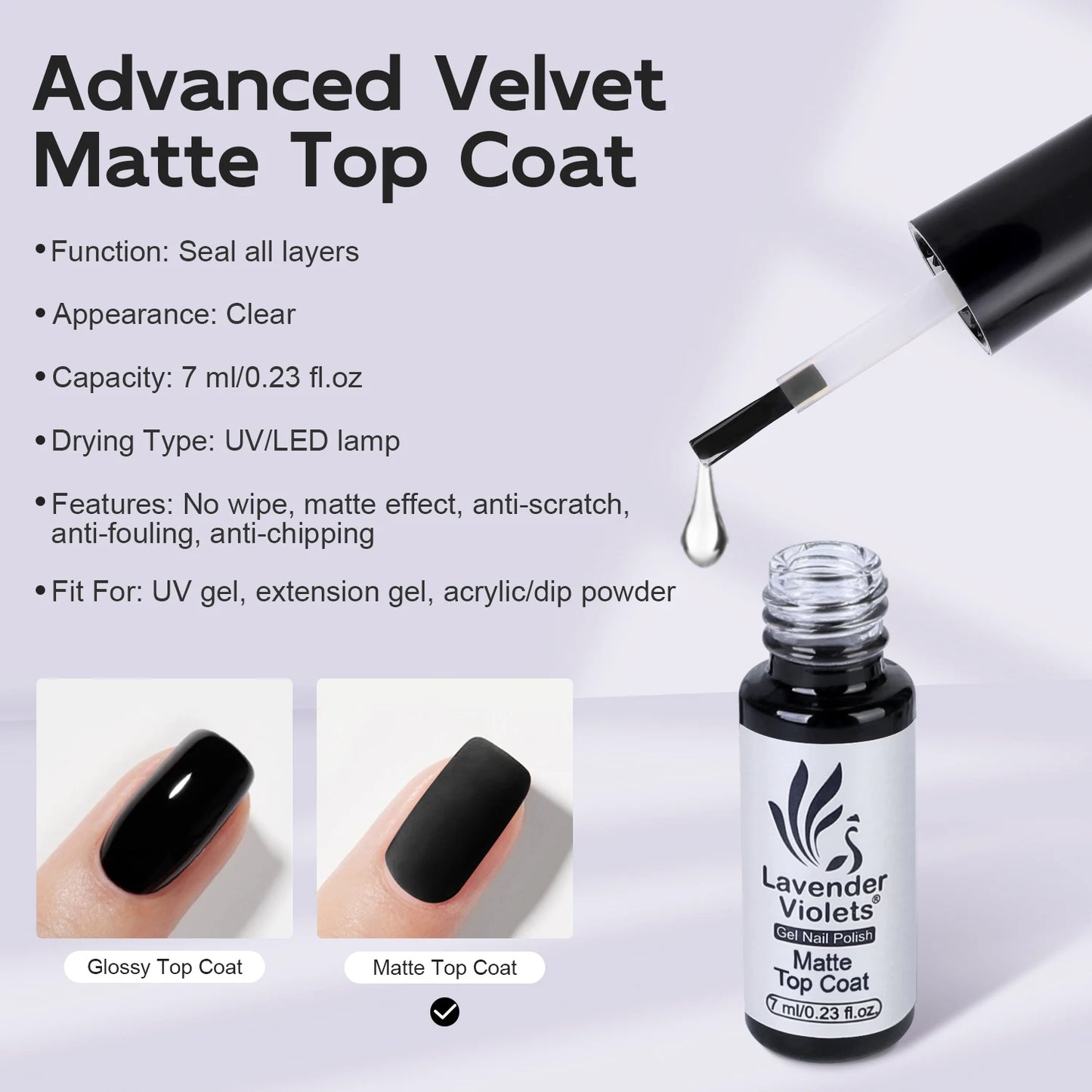 2pcs 7ml No Wipe Glossy and Matte Top Coat, Long Lasting Soak Off Nail Gel Varnish for Home Salon Manicure Beginner Use