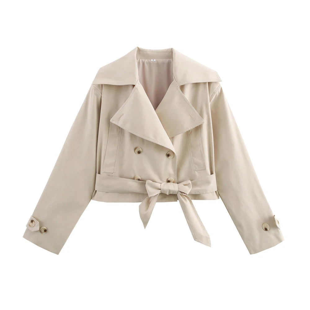 Double Breasted Crop Trench Coat for Women Fashion Belt Long Sleeve Lapel Collar Chic Outerwear Female Tops