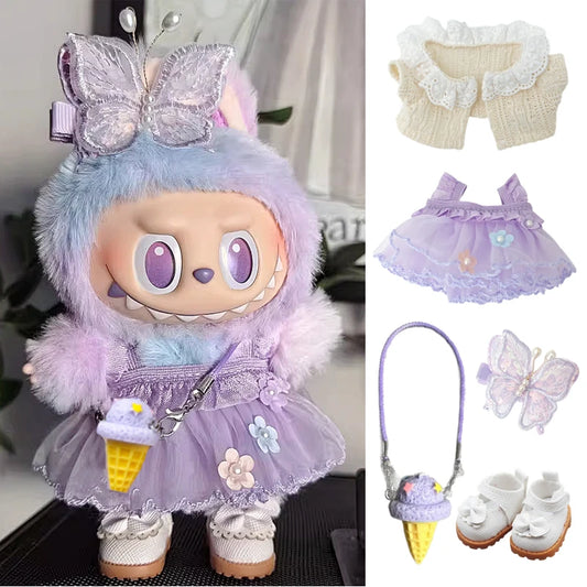 Labubu Doll Dress Purple Butterfly Fairy Skirt Cardigan 17cm Plush Doll Dress Replacement For Labubu v1/v2 Idol Doll