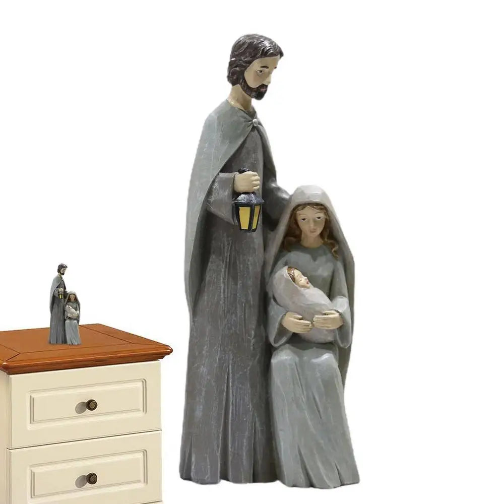 Christmas Holy Family Figurines - Wooden Nativity Scene Religious Art Statue Home Decor