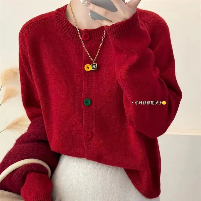 Japanese Sweet and Fresh Round Neck Colorful Button Knitwear Coat Academy Style Western Versatile Sweater Women's Cardigan