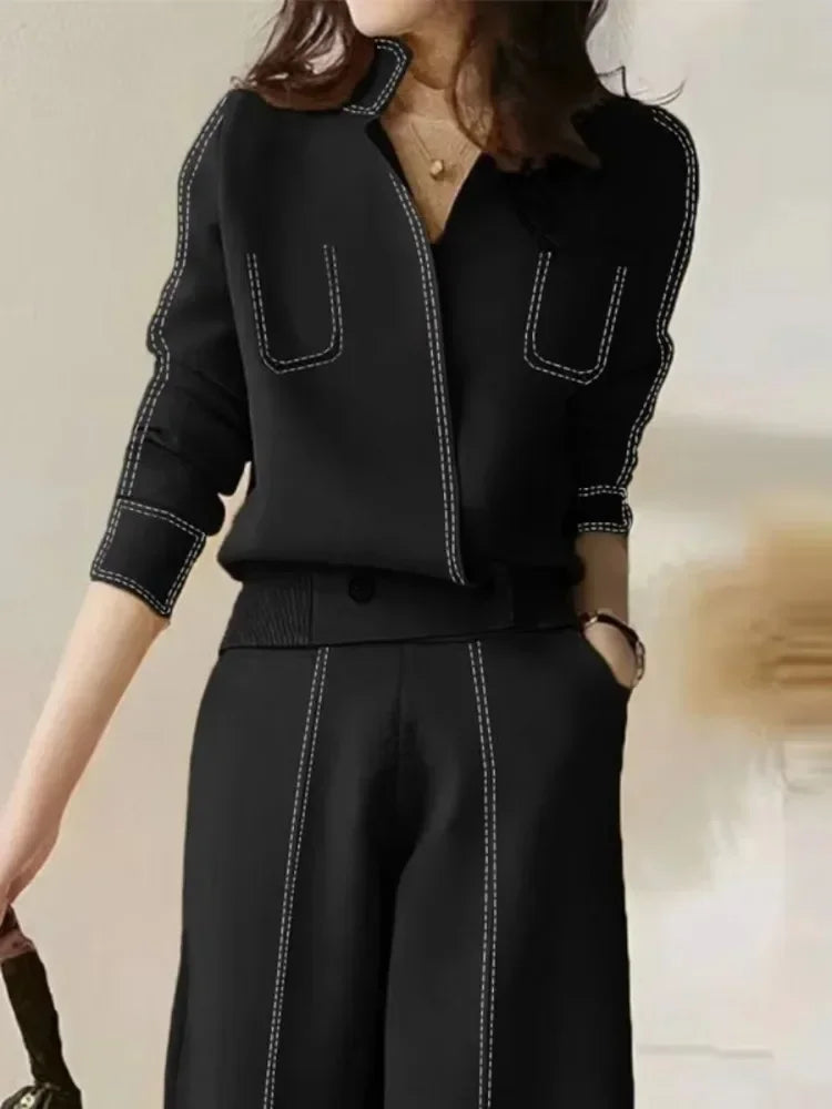 Lemongor Office Lady Commute Suits 2025 New Autumn Long Sleeve Split-Joint V-Neck Cardigan Tops & High Waist Loose Casual Pants