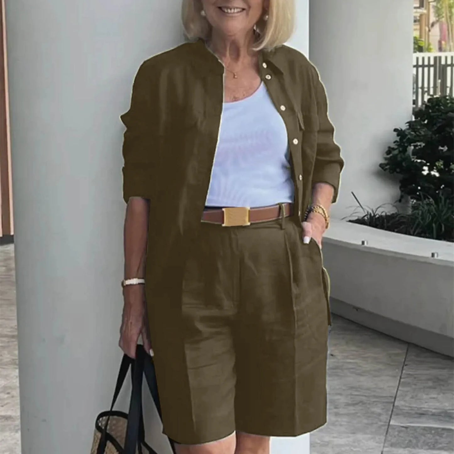 Elegant 2-Piece Sets For Women Womens Cardigan Shirt Top Summer Solid Color Casual Shorts Two Piece New In Matching Sets