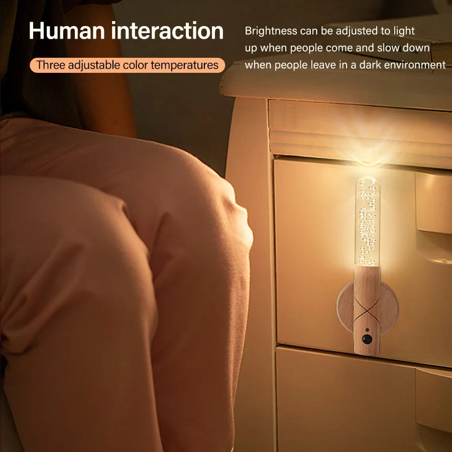 3 in1 LED Wooden Night Light Motion Sensor Wall lamp Rechargeable Cabinet Light Room Decor Wall Mount Automatic Induction Light