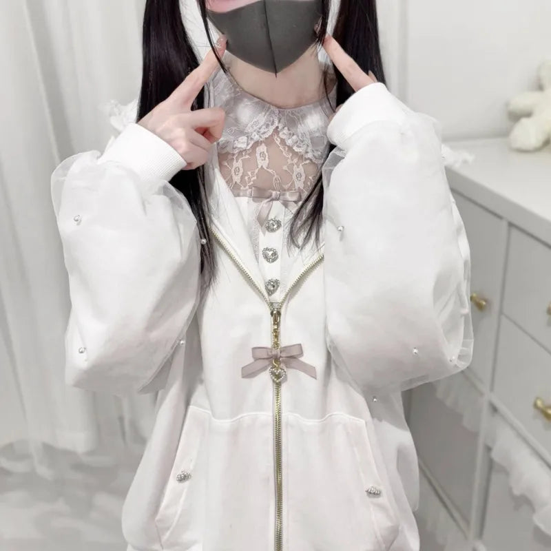 Bunny Hoodie Hoodies Y2K Rabbit Ear Hoodie Lolita Jacket Bow Girls Pearl JK Japan Lace Kawaii Zipper Cardigan Long Sleeved Top