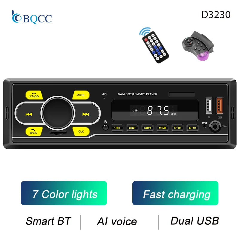 BQCC 1Din MP3 Autoradio FM USB TF AUX Input Stereo Radio Bluetooth Power Protect 7 color lights Dual USB Multimedia Car Audio