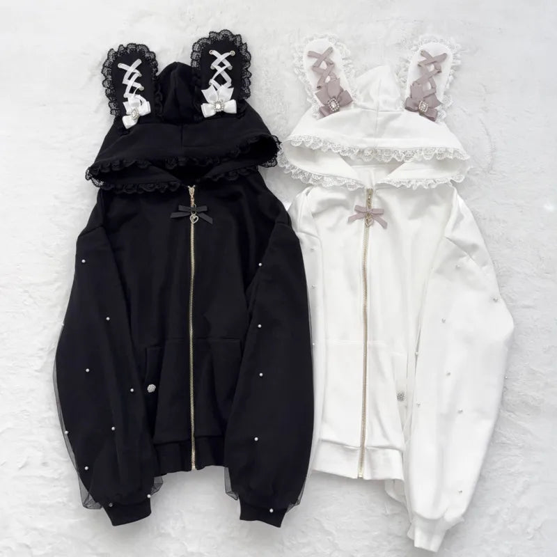 Bunny Hoodie Hoodies Y2K Rabbit Ear Hoodie Lolita Jacket Bow Girls Pearl JK Japan Lace Kawaii Zipper Cardigan Long Sleeved Top