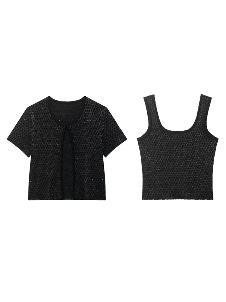 Casual Knit Cardigan 2 Pieces Women Loose O Neck Short Sleeves One Button Sweater Female 2025 Summer Fashion Chic Solid Knitwear