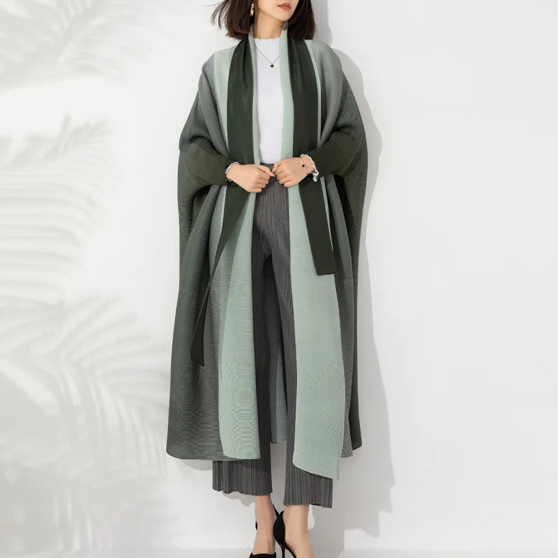 Miyake Folds Bandage V-neck Batwing Sleeve Trench Loose Fashion Slimming Temperament Casual Long Coat 2024 Autumn New Robe