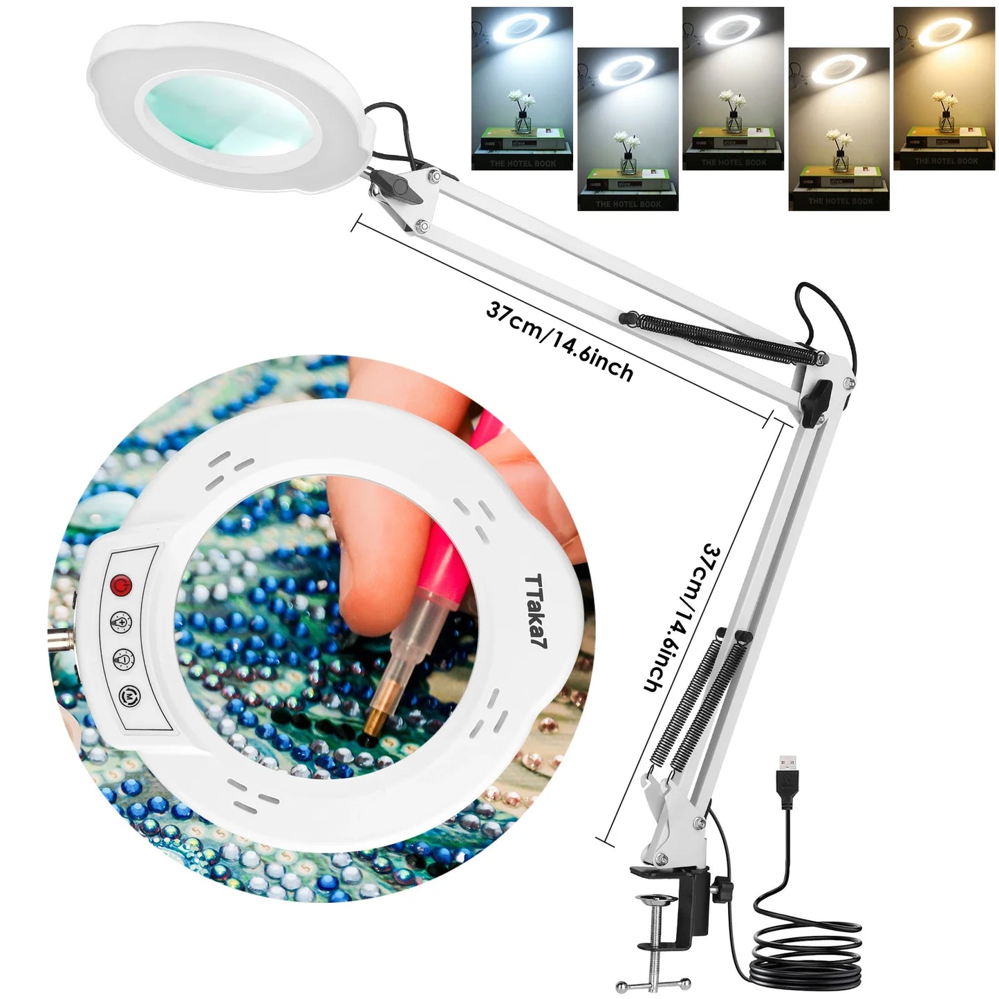 72LED Illuminated Magnifier 8X/10X - USB 3 Color LED Magnifying Glass Desk Lamp for Soldering Repair
