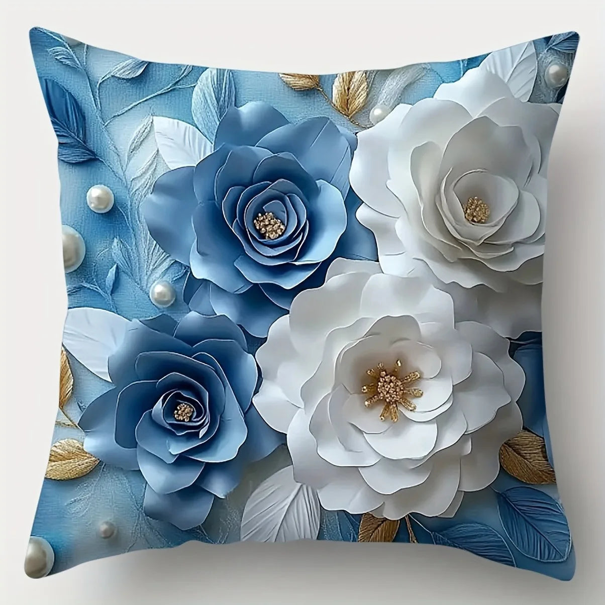 Blue White Floral Pillowcases - Jewelry Style Polyester Cushion Cover with Zipper Home Decor