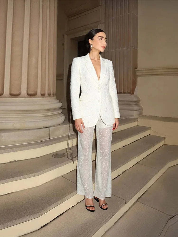 Transparent Sequin Jacket Suit Pants Suits Women Sexy Lapel Single Breasted Jacket See Through Straight Pants Fashion Lady Sets