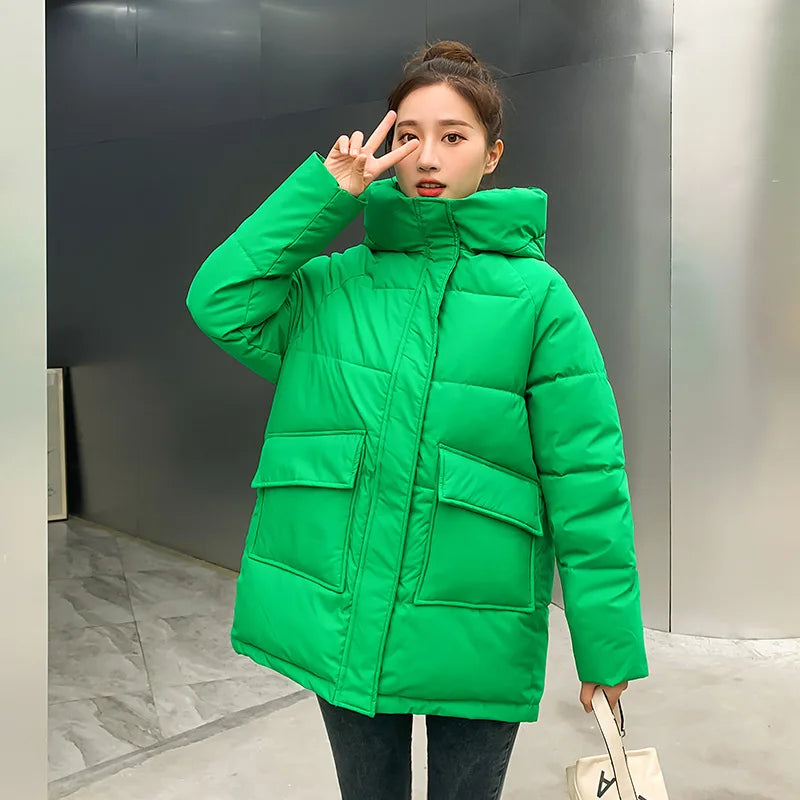 Women Winter Oversize Outwear Cotton Down Coat Solid Hooded Thicken Black Coffee Female Parkas Middle Long Jacket