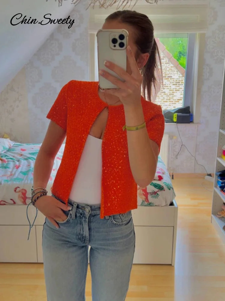 Fashion Knit Sequined Cardigan For Women Short Sleeve O-neck One Button Glitter Sweater Top 2025 Summer Lady Y2K Orange Knitwear