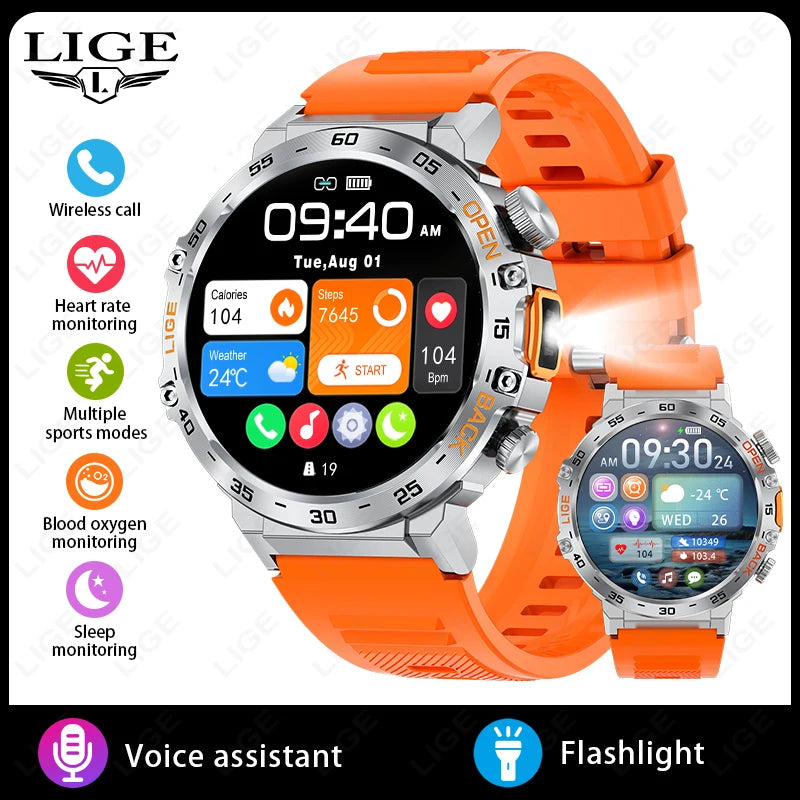 LIGE 2025 Smart Watch Men 360*360 AMOLED HD Screen Waterproof Sport Fitness Watches Flashlight New Men Smartwatch For Andrio IOS