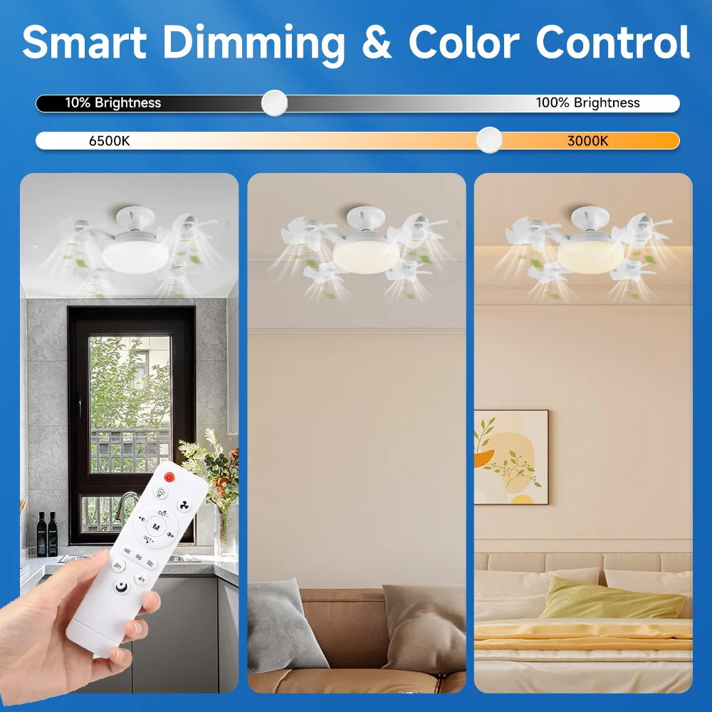 Timed Fan Lamp E27 Led Ceiling Fan Lights for Living Room Remote Control Dimming 3 Colors Kitchen Lamp 3-Speed Drone Fan Lamps