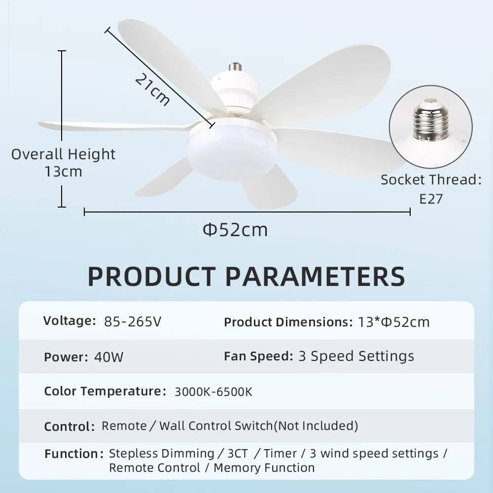 Timed Fan Lamp E27 Led Ceiling Fan Lights for Living Room Remote Control Dimming 3 Colors Kitchen Lamp 3-Speed Drone Fan Lamps