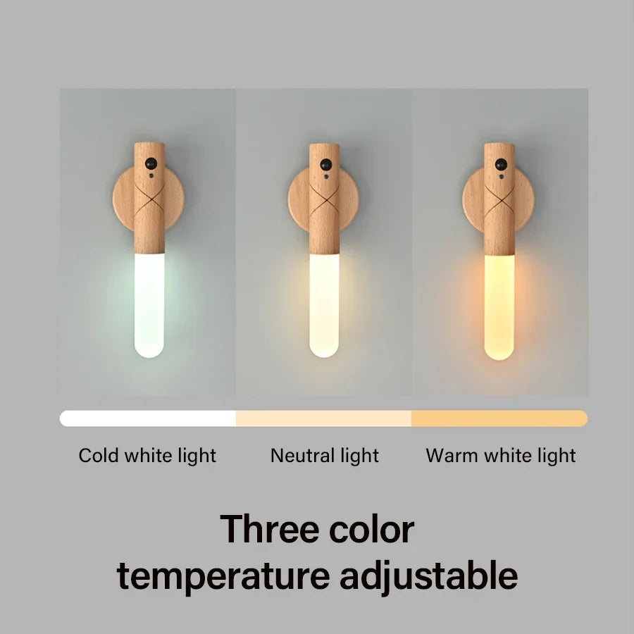 3 in1 LED Wooden Night Light Motion Sensor Wall lamp Rechargeable Cabinet Light Room Decor Wall Mount Automatic Induction Light