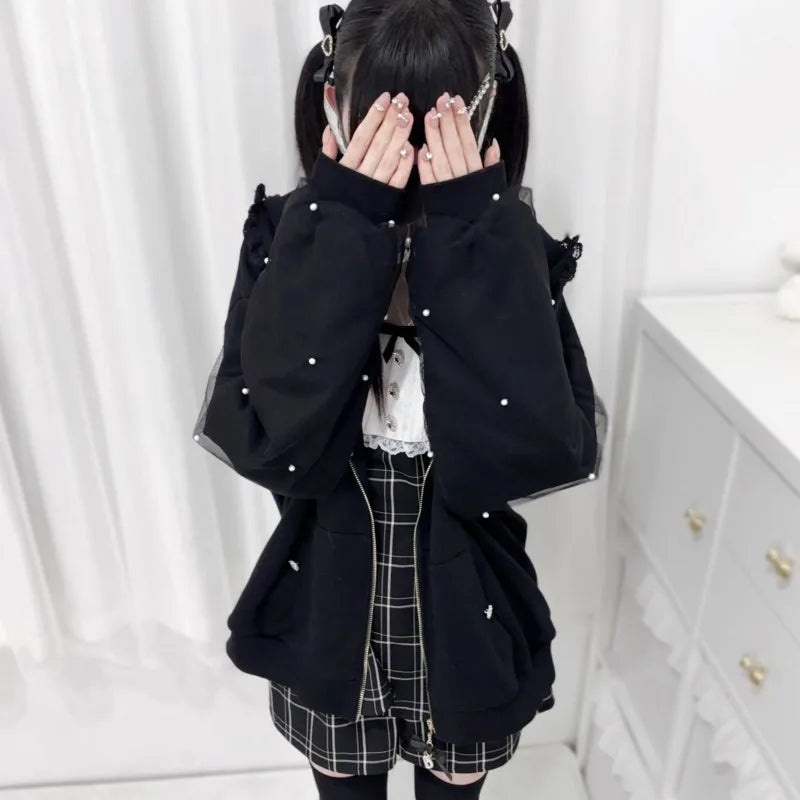 Bunny Hoodie Hoodies Y2K Rabbit Ear Hoodie Lolita Jacket Bow Girls Pearl JK Japan Lace Kawaii Zipper Cardigan Long Sleeved Top