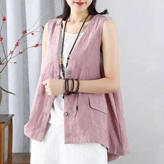 Fashion Retro Cotton Linen Vest Women's Waistcoat V Neck Loose Sleeveless Vest Coat Thin Cardigan Vest Jacket Tops Female 2022