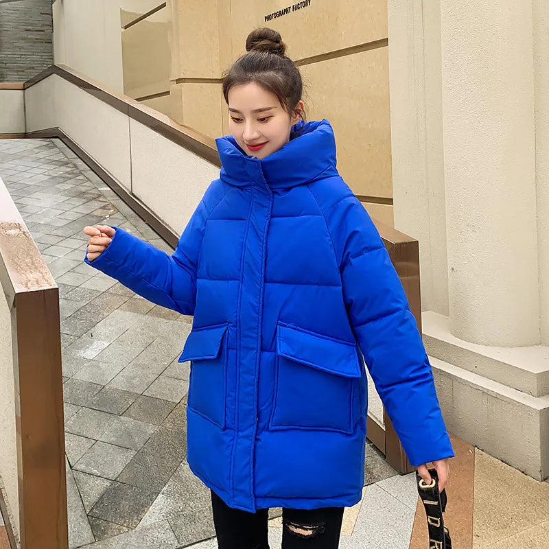 Women Winter Oversize Outwear Cotton Down Coat Solid Hooded Thicken Black Coffee Female Parkas Middle Long Jacket