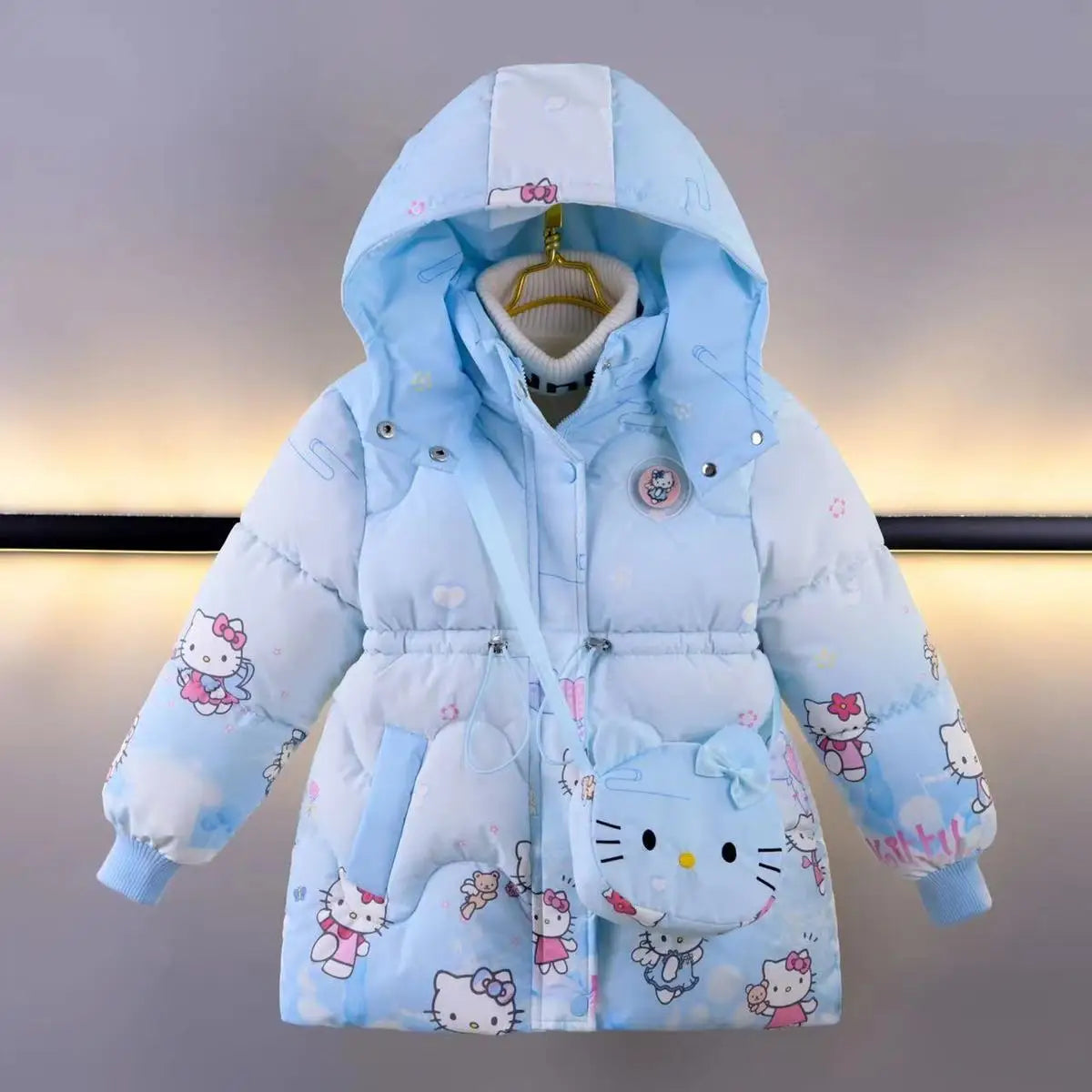 Baby Girl Outerwear 2025 New Winter Children Cartoon Hello Kitty Printed Plush Thick  Warm Princess Coat Zipper Hooded Parka+Bag