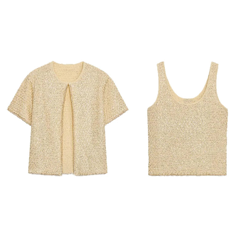 Casual Knit Cardigan 2 Pieces Women Loose O Neck Short Sleeves One Button Sweater Female 2025 Summer Fashion Chic Solid Knitwear