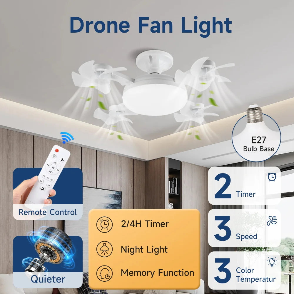 Timed Fan Lamp E27 Led Ceiling Fan Lights for Living Room Remote Control Dimming 3 Colors Kitchen Lamp 3-Speed Drone Fan Lamps