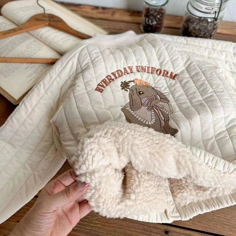 Autumn and winter Korean version cartoon embroidered baseball jacket for boys and girls, thick coat, warm and versatile outfit