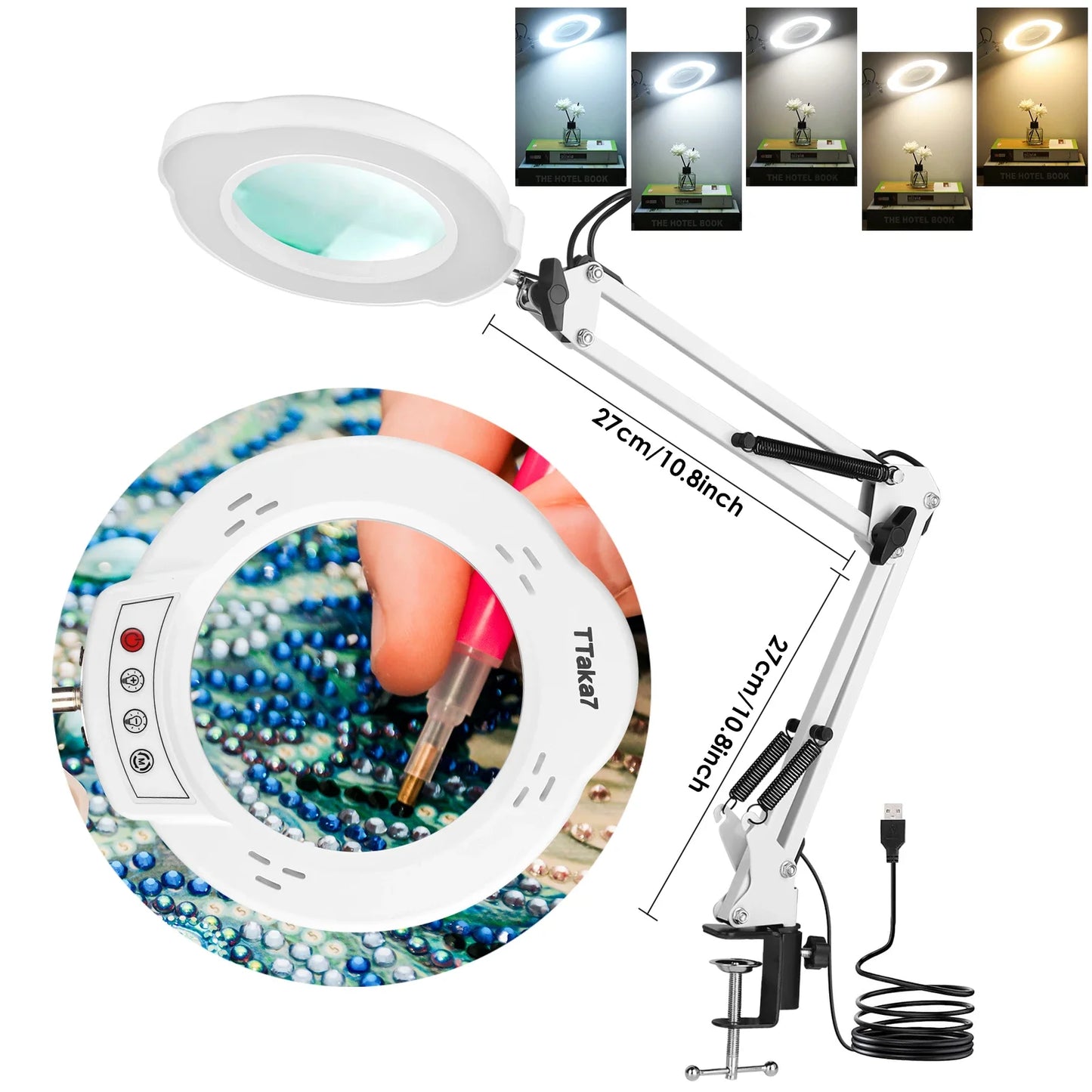72LED Illuminated Magnifier 8X/10X - USB 3 Color LED Magnifying Glass Desk Lamp for Soldering Repair