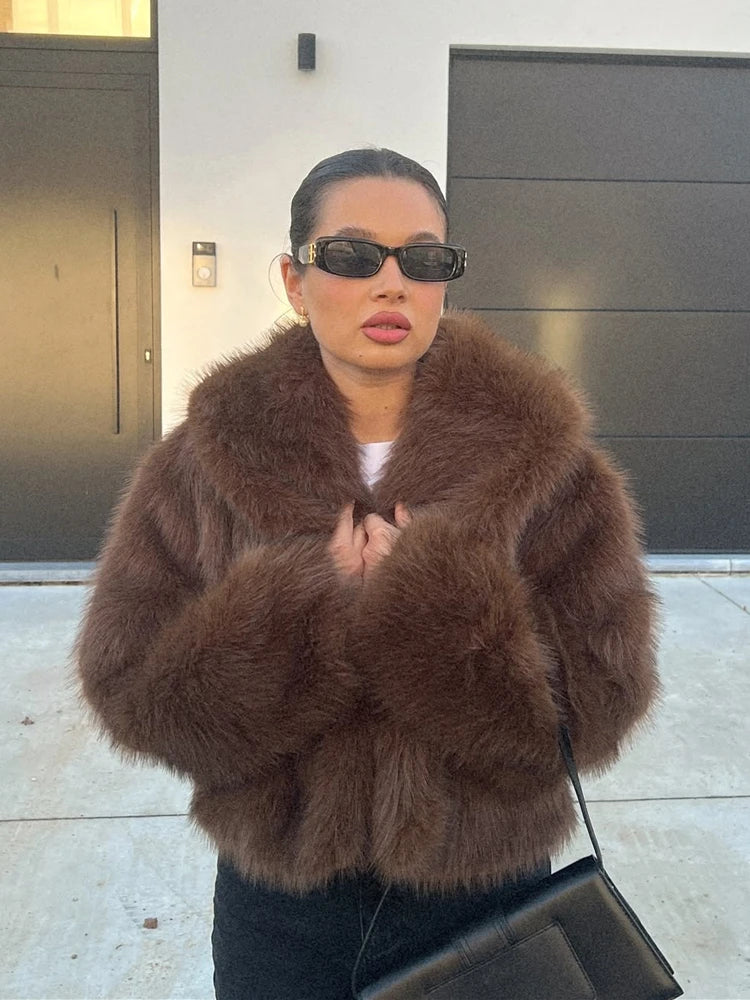 2024 RARA women's winter new style lapel long-sleeved artificial fur effect short coat comfortable temperament versatile