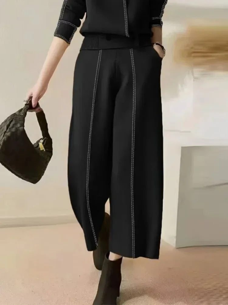 Lemongor Office Lady Commute Suits 2025 New Autumn Long Sleeve Split-Joint V-Neck Cardigan Tops & High Waist Loose Casual Pants