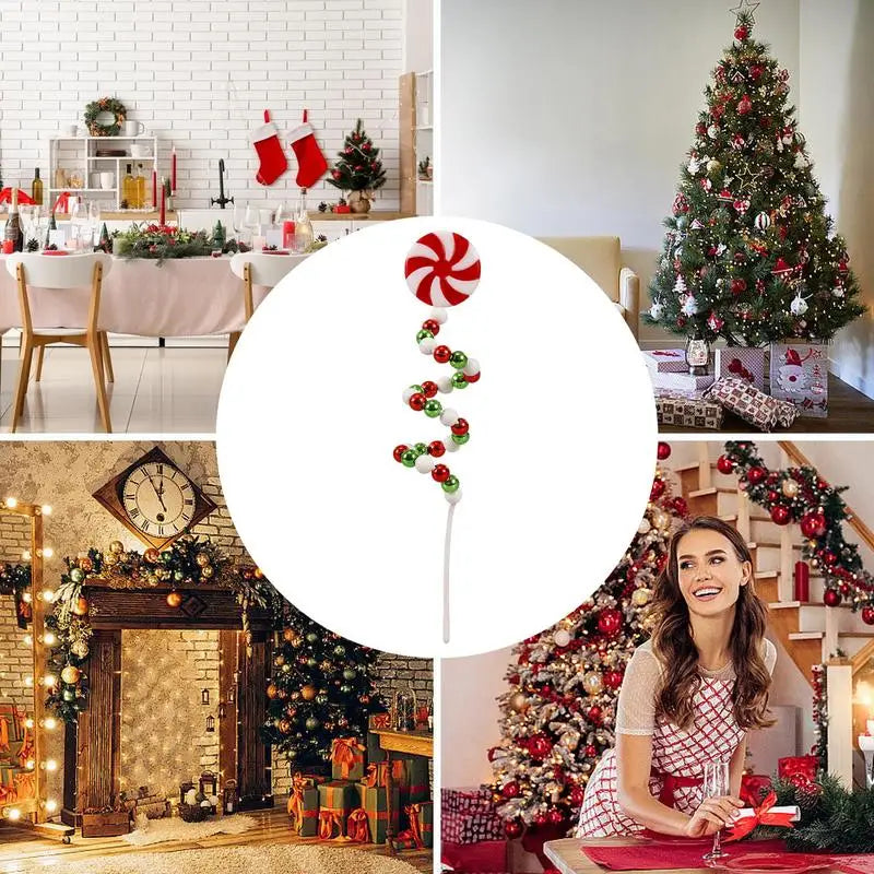 Christmas Candy Cane Decorations - Red White Lollipop Curved Candy Tree Stems Picks