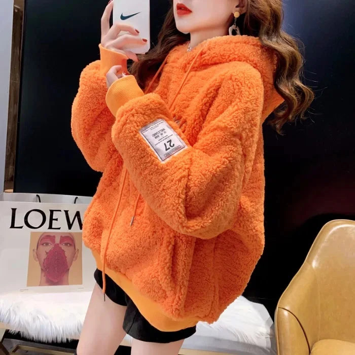 Thickened Fleece Hooded Sweatshirt - Women Lamb Fur Winter Warm Pullover Hoodie Jacket