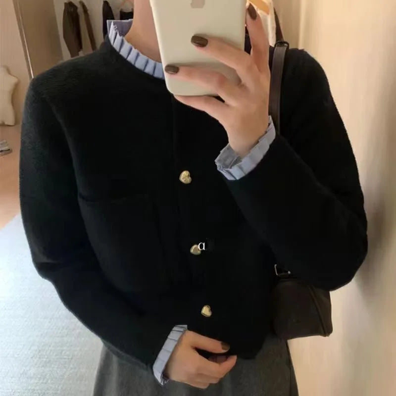 Women's Clothing 2025 Autumn New Love Button Knitted Cardigan Jacket Lazy Style Sweet Fashion Sweater Tops