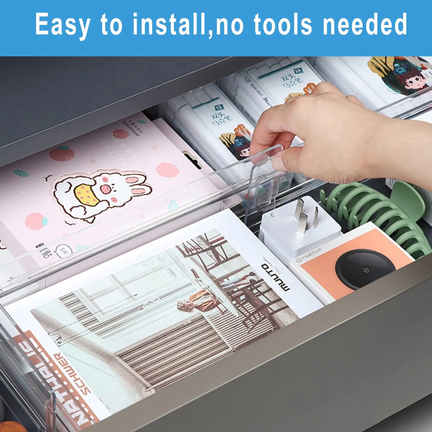 Drawer Dividers Organizers 4 Pack, Adjustable 8cm High Expandable from 27.5-52cm Kitchen Drawer Organizer, Clear Plastic