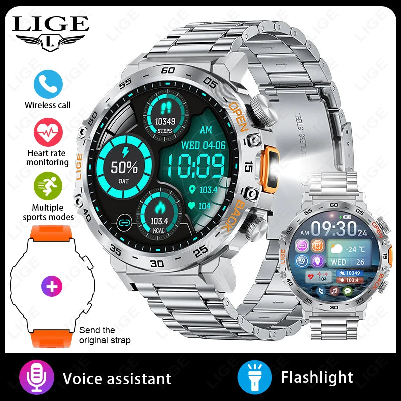 LIGE 2025 Smart Watch Men 360*360 AMOLED HD Screen Waterproof Sport Fitness Watches Flashlight New Men Smartwatch For Andrio IOS