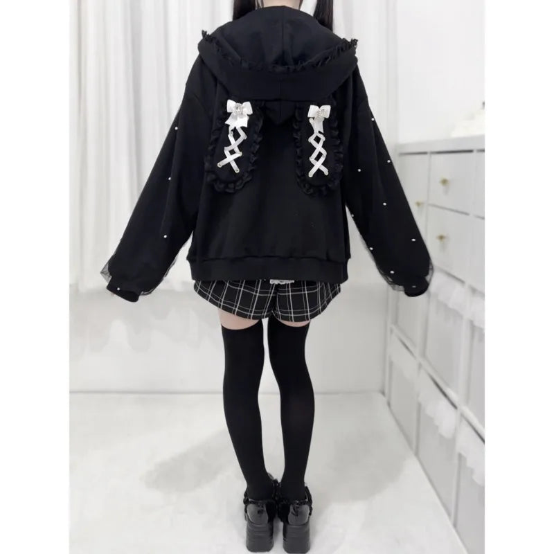 Bunny Hoodie Hoodies Y2K Rabbit Ear Hoodie Lolita Jacket Bow Girls Pearl JK Japan Lace Kawaii Zipper Cardigan Long Sleeved Top
